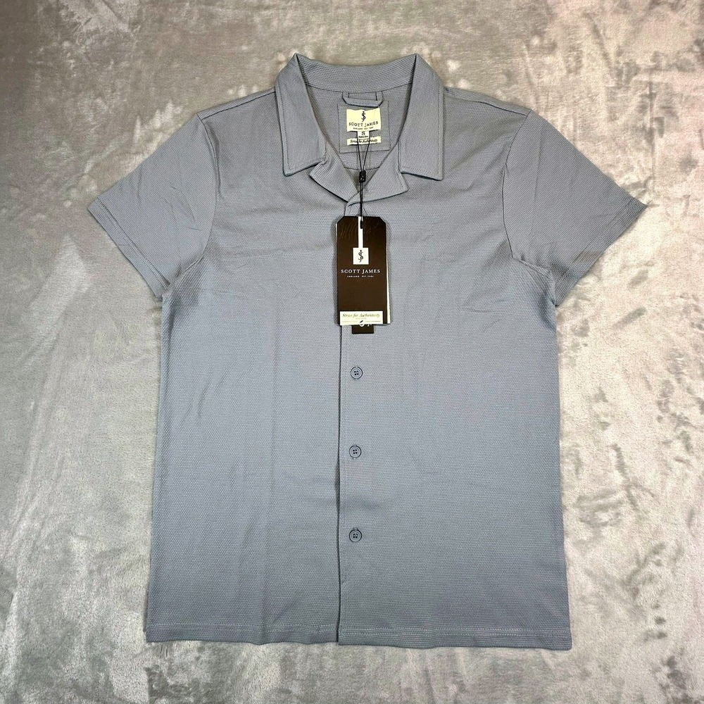 Scott James Button Up Mens S Blue Short‎ Sleeve Camp Collar Textured Pique Shirt
